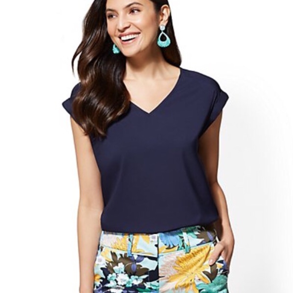NY&Co blue sapphire silk short sleeve top M